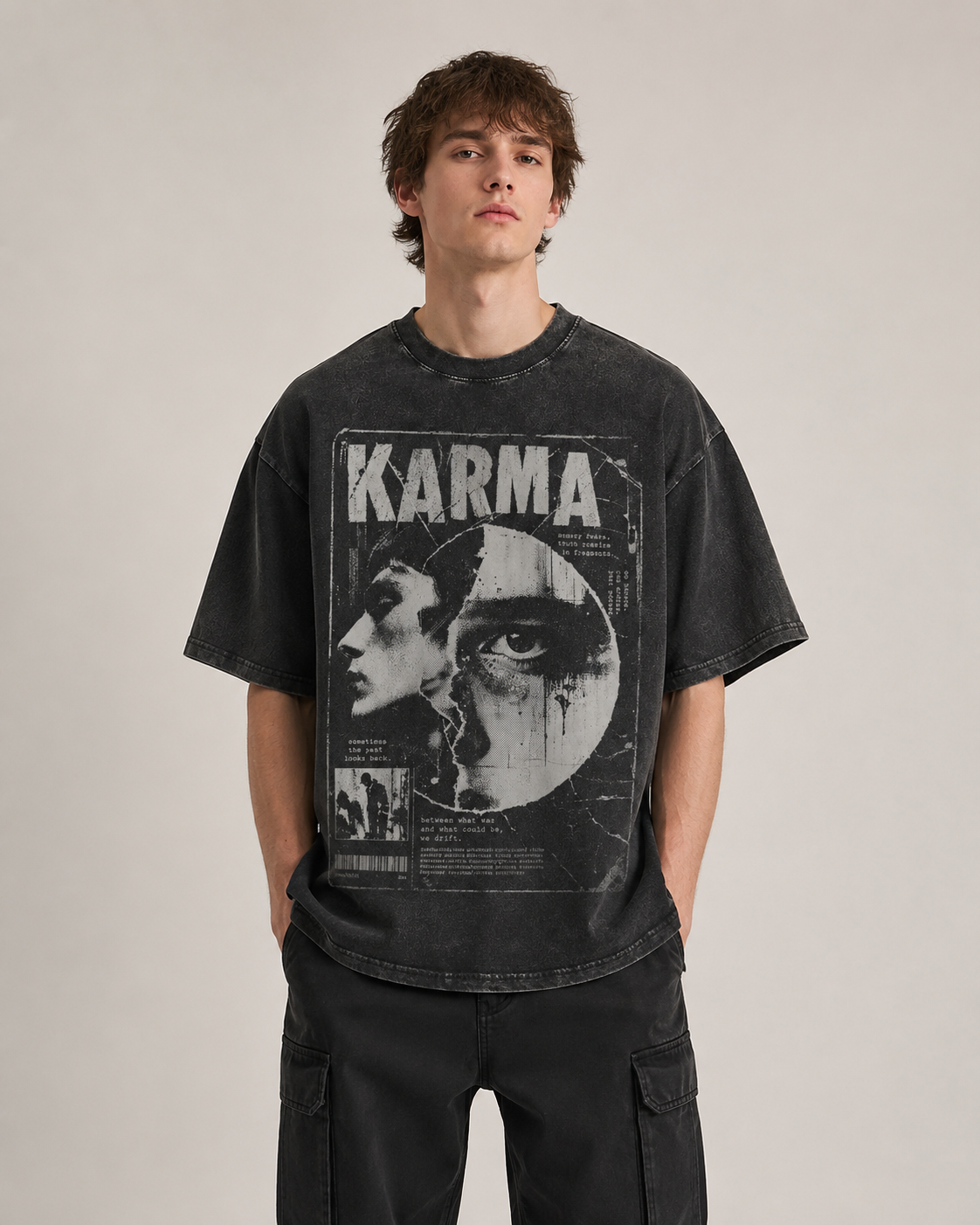 KARMA 男士女士oversize復古水洗舊舖純棉短袖TEE-Echo Faces