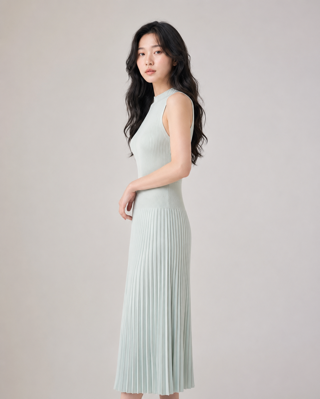 KARMA女士半高領收腰顯瘦無袖連身裙-淺綠色