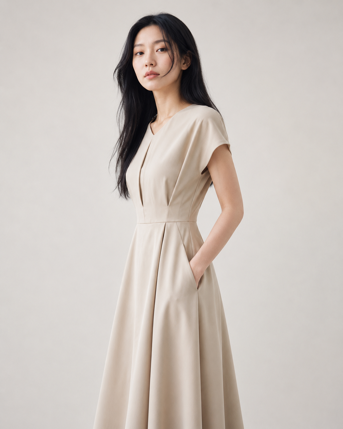KARMA女士V領簡約連身裙-杏色