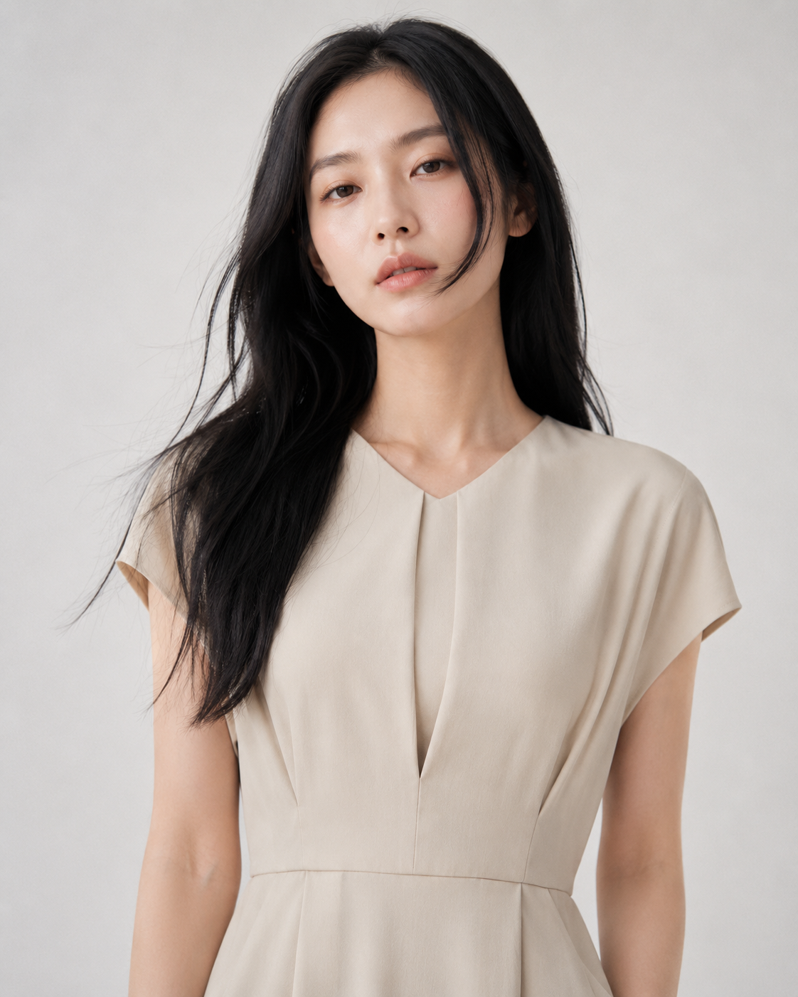 KARMA女士V領簡約連身裙-杏色